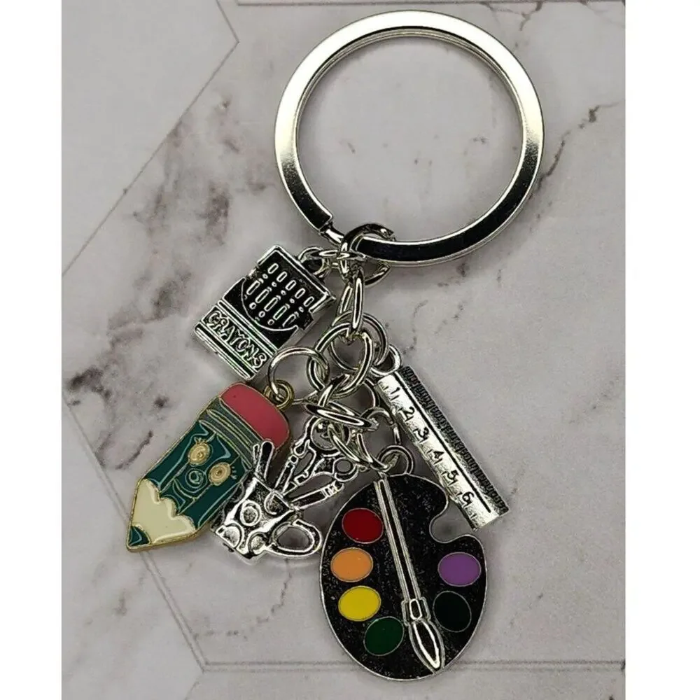 School Teacher Art Bag Charm Keychain Crayons Ruler Paints Pencil Silver Tone